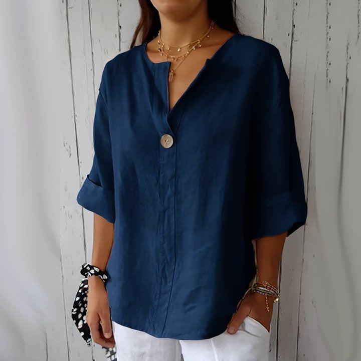 Blusa Feminina Solta VNeck Algodão Linho Verão 2025