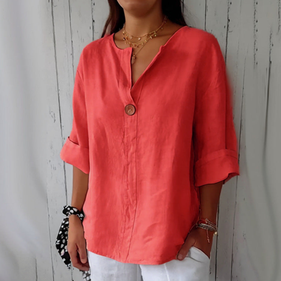 Blusa Feminina Solta VNeck Algodão Linho Verão 2025